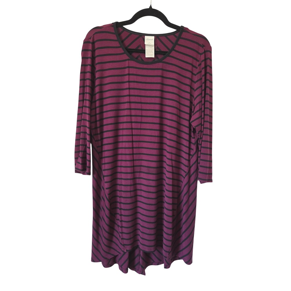 Soma Womens Large Burgundy Black Striped Tunic Lounge Shirt Split Back‎ Stretch